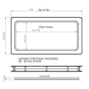Desen tehnic geam ușă garaj 634x329 mm dimensiuni pentru panouri 38-40 mm