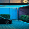 Pergolă premium EurosanDOOR cu iluminare LED, vedere nocturnă cu partea dreaptă a unei mașini parcată dedesubt.