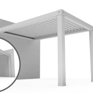 Pergolă premium atașată de perete EurosanDOOR – model 3D cu lamele orientabile și structură din aluminiu rezistent la intemperii.