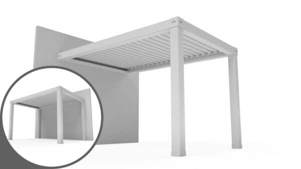 Pergolă premium atașată de perete EurosanDOOR – model 3D cu lamele orientabile și structură din aluminiu rezistent la intemperii.